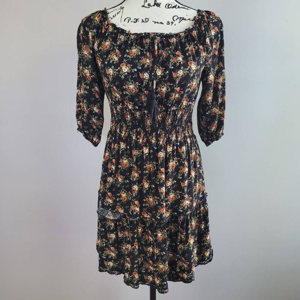 Justify small dark floral‎ milkmaid dress long sleeve peasant style boho mini